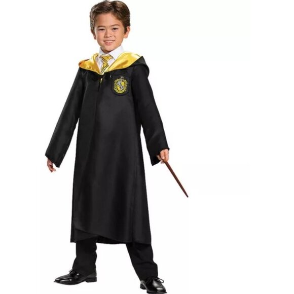 Harry Potter Hogwarts Robe & Light Up Wand Halloween Costume 7/8 Black Hooded - Picture 3 of 7